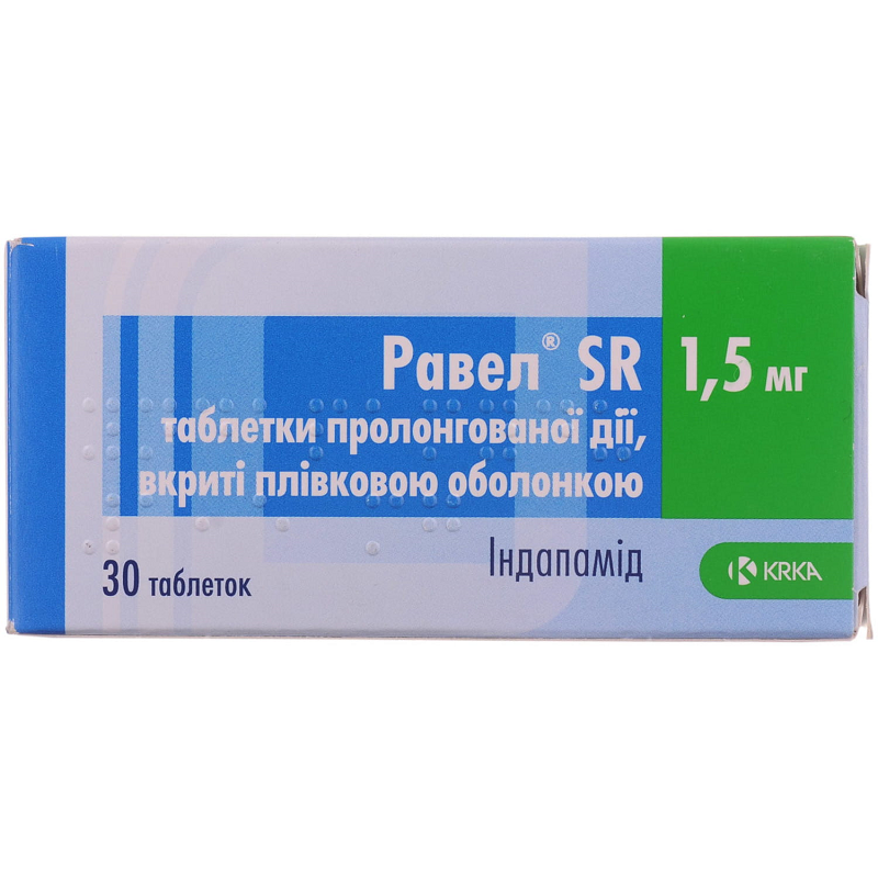 РАВЕЛ® SR таблетки пролонгованої дії, по 1,5 мг, по 10 таблеток у блістері, по 3 блістери у картонній коробці